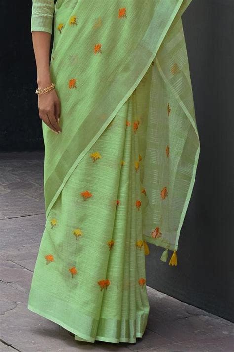 Buy Mint Green Linen Saree 49934 Online | Karagiri