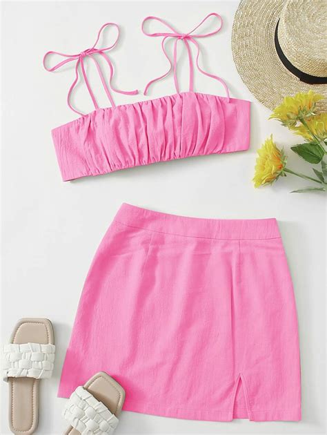 Soleia Knot Shoulder Tie Back Ruched Bust Crop Cami Top & Split Hem ...