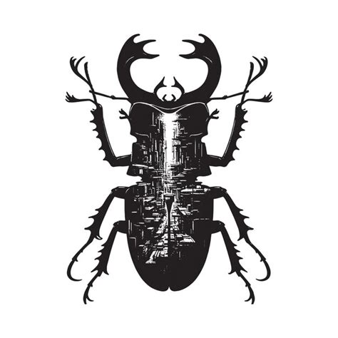 Silhouette of stag beetle filled with destroyed futuristic dystopia ...