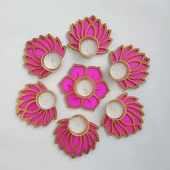 GIFT JAIPUR Handmade 7 Pc Pink Lotus Flower Diya Rangoli Candles with ...