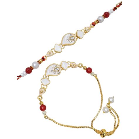 Meira Jewellery Meenakari Kundan White Leaf Design Bhaiya Bhabhi Rakhi Set