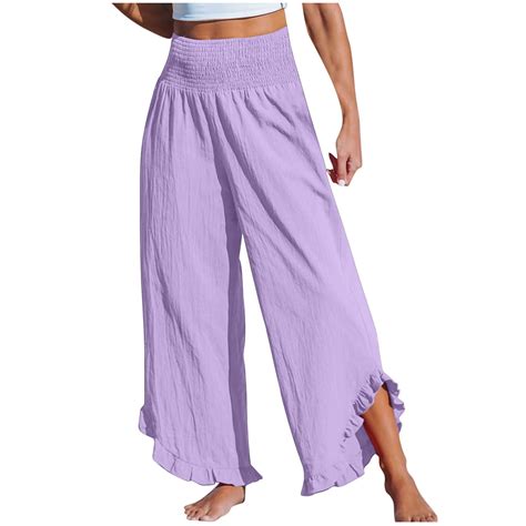 ABATAB Pants for Women Smocked Waist Wide Leg Ruffle Cuffs Pants Loose ...