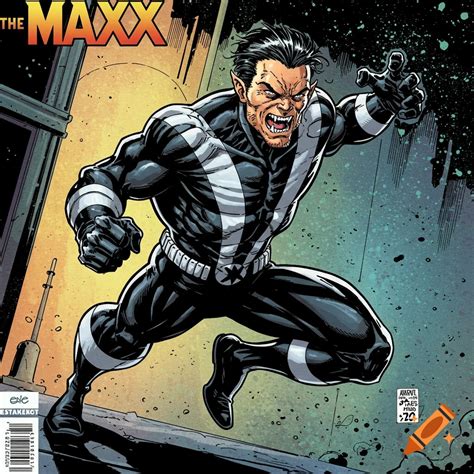 Comic book illustration of The Maxx, a muscular man with fangs in a black and white suit ...