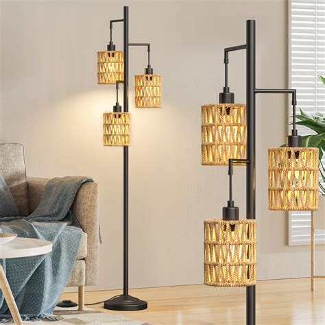 CNXIN 3-Lights Rattan Floor Lamps with ON/Off Foot Switch Tree Standing ...