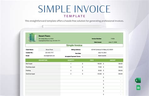 Simple Invoice Template in Google Sheets, Excel - Download | Template.net
