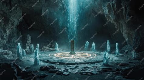 29 A mystical altar in a cave surrounded by glowing crystals and ...