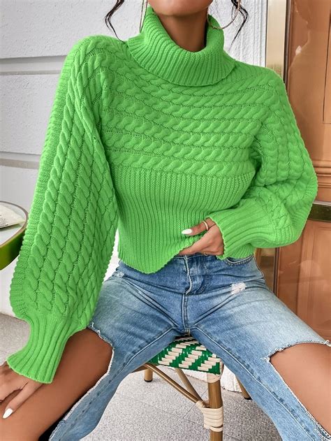 Amazon.com: Sweaters for Women Turtleneck Cable Knit Lantern Sleeve ...