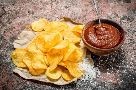 Potato chips with tomato sauce and salt | Premium Photo