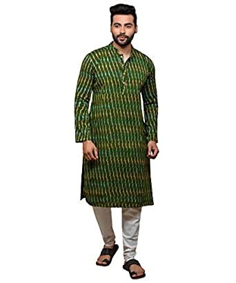 Buy PAROKSH Men's Green crossstriped Cotton ikkat Handloom Long Ethnic ...