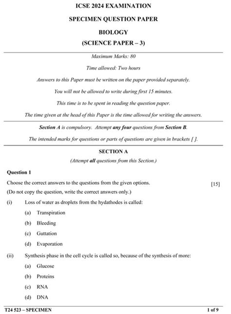 CISCE ICSE Class 10th Biology Specimen Question Paper 2024. See PHOTOS HERE