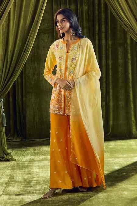 Buy Yellow Kurta And Gharara Crepe Hand Embroidery Sequin Notch Bead ...