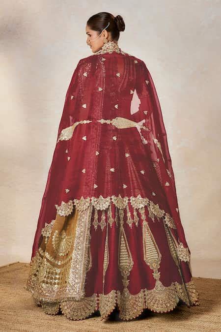Buy Wine Leather, , Organza, Georgette Gajar Halwa Bridal Lehenga Set ...