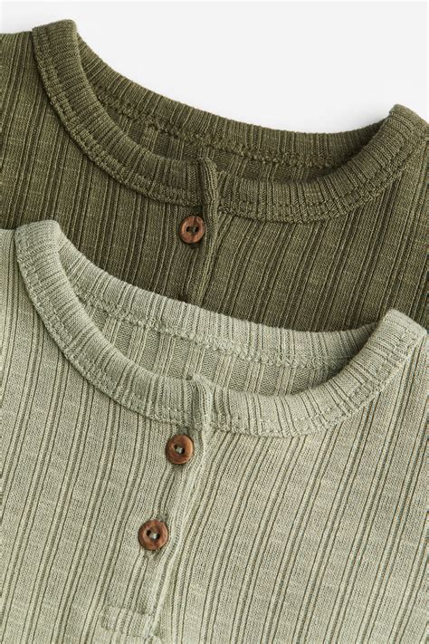 2-pack Ribbed Henley Shirts - Dark green/light khaki green - Kids | H&M CA