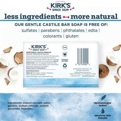 Kirk's Castile Bar Soap Clean Soap For Men, Women & Children| Premium ...