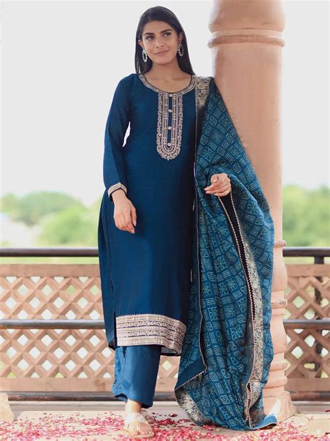 Buy Teal Embroidered Silk Blend Straight Suit With Dupatta Online at Rs ...