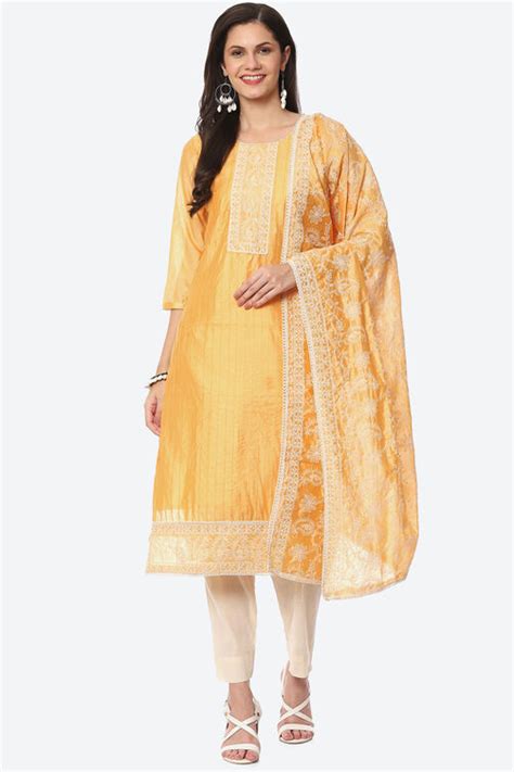 Yellow Chanderi Machine Embroidered Unstitched Suit Set at Biba India