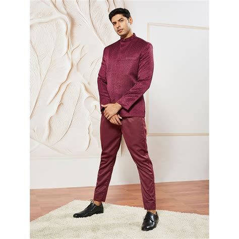Buy Vastramay Mens Maroon Silk Blend Sequined Embroidered Bandhgala ...