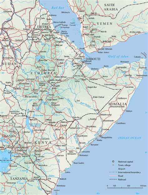 Large political map of Horn of Africa with relief, roads, railroads and ...