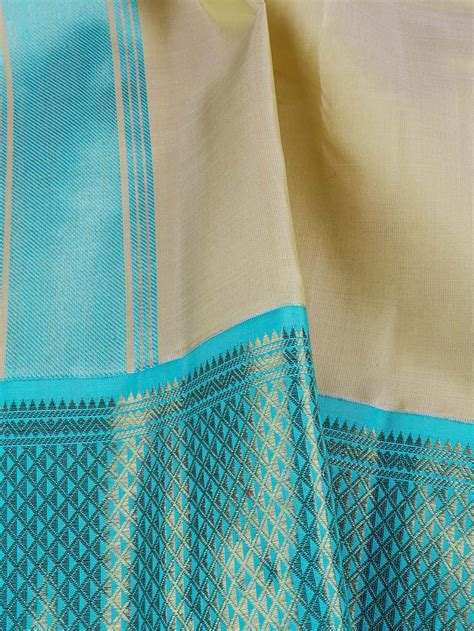 Premium Pure Silk Cream Dhoti With Angavastram 4 1/2" Sky Blue Korvai ...
