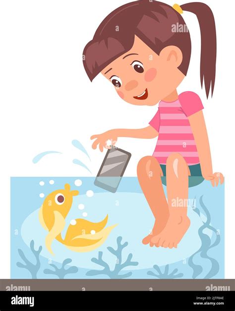 Kids destroy. Children bad behavior. Naughty girl putting smartphone into aquarium. Mischievous ...