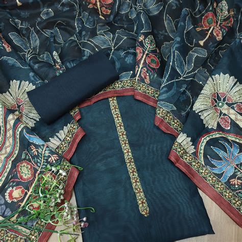 Hairat Peacock Navy Blue Printed All Over Kantha Embroidery Chanderi S ...