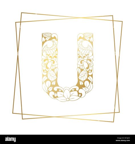 Golden and White Floral Ornamental Alphabet, Initial Letter U Font with Modern Stylized Frames ...