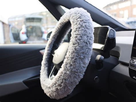 Cute Fluffy Soft Grey Car Steering Wheel Cover, Crochet Steering Wheel Cover, Cozy Steering ...