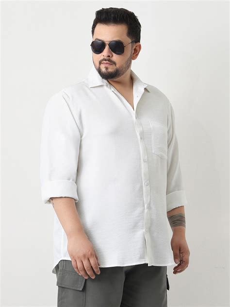 Plus Men's White Linen Blend Full Sleeve Relaxed Fit Casual Solid Shir ...