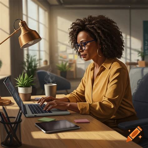 A Black woman with curly hair and glasses works on a laptop at a desk ...