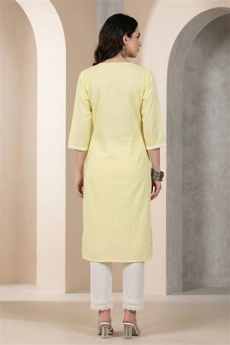 Buy Yellow Chikankari Embroidered Pure Cotton Straight Kurta Online for ...