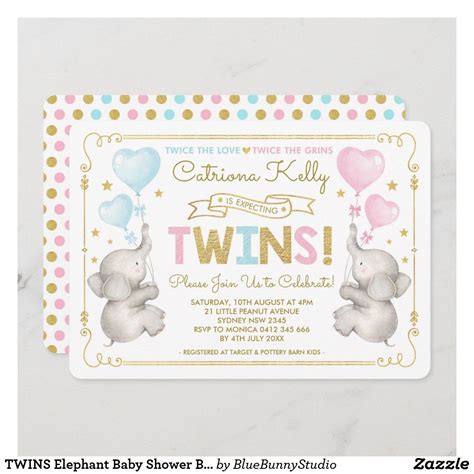 TWINS Elephant Baby Shower Blue Pink Gold Invite | Zazzle | Elephant ...
