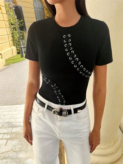 Maija Women Metal Grommet Round Neck Short Sleeve T-Shirt, Suitable For ...