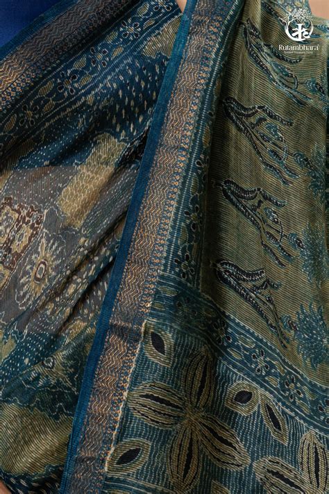 Ushraa - Indigo Ajrakh Print Kota Silk Cotton Saree with Subtle Zari C ...