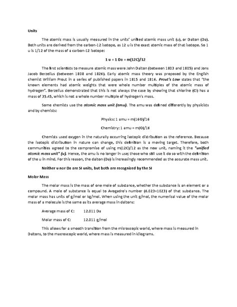 The Units and Molar Mass - Units The atomic mass is usually measured in ...