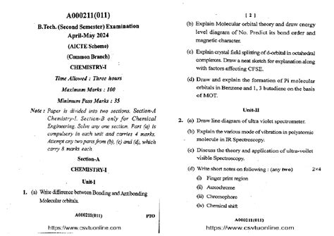 B.Tech. 2nd Sem Chemistry Exam May 2024: Molecular Orbital Theory ...