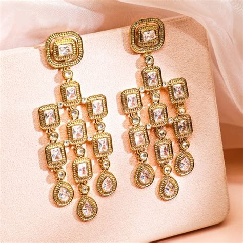 Gold Plated Zirconia Studded Antique Light Gold-Tone Premium Chandelier ...