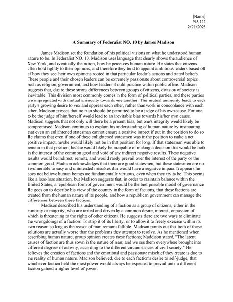Federalist 10 Assignment - [Name] PLS 112 2/21/ A Summary of Federalist NO. 10 by James Madison ...