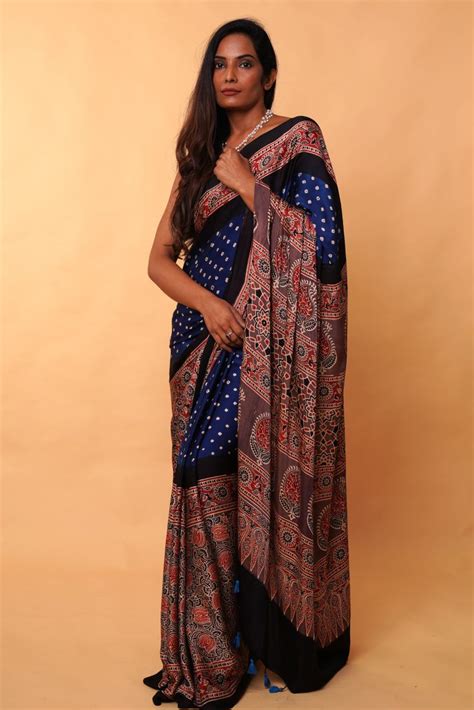 Buy Earthy Blue Bandhej Ajrakh Modal Silk Saree Online - House Of ...