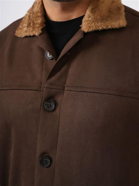 Brown Suede Solid Cut & Sew Fur Collar Jacket – P E R C H