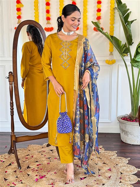 Buy Mustard Yellow Embroidered Viscose Pant Suit With Dupatta – Ethnic Plus
