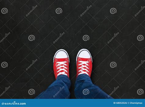 Feet Wearing Red Shoes on Black Background Stock Photo - Image of shoes ...