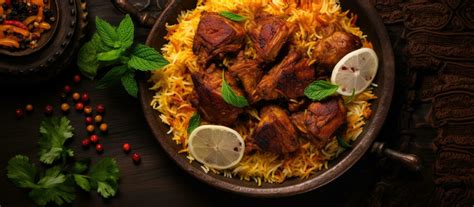 The Mandi or Kabsa Tandoor Dish is a rice dish with meat and spices. It is seen from a top view ...