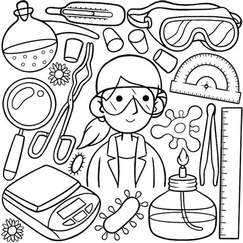 Premium Vector | A line art drawing of a woman scientist with various ...