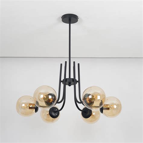 KAROUSEL 6 Arm Black And Amber Globe Glass Chandelier Ceiling Light ...
