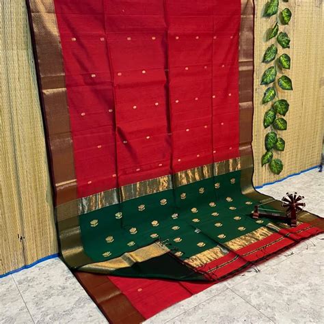 Maheshwari Cotton Silk Saree Butta Body, Lotus design Pallu Red Color ...
