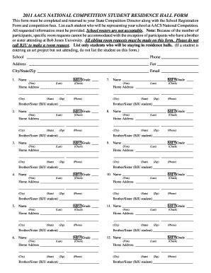AACS National Competition Student Residence Hall Form - Blank Fillable ...