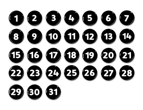 Black and White Perpetual Calendar-numbers 1-31- 1" Magnets-Days of the ...