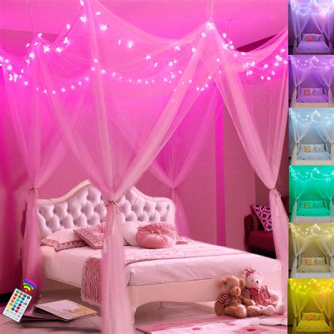 Buy Obrecis White Bed Canopy with Star Lights for Girls, 8 Corner Post ...