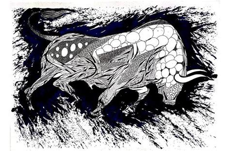 "Blue Bull Series 1": Blue Violet Pen Ink Drawing by Rashid Ahamad ...