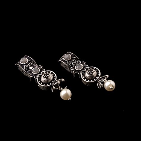 Grey Stone Studded Beautiful Oxidised Studs With Hanging Pearl ...